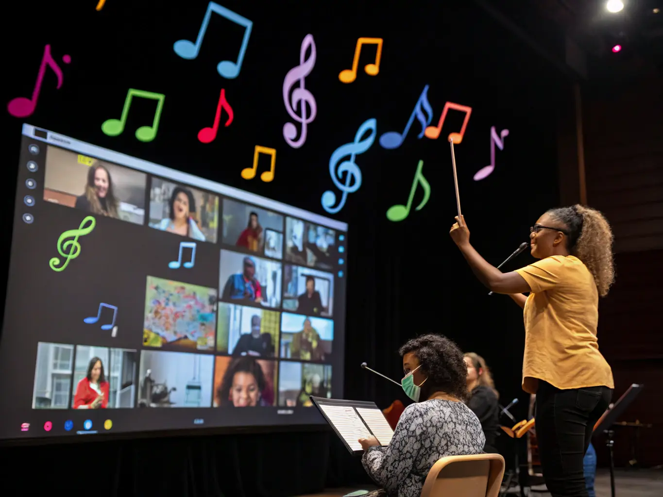 A vibrant image depicting a contemporary music workshop in progress, with participants actively engaged in a collaborative musical exercise, showcasing the dynamic and interactive nature of CHIMERA VOX's educational programs.